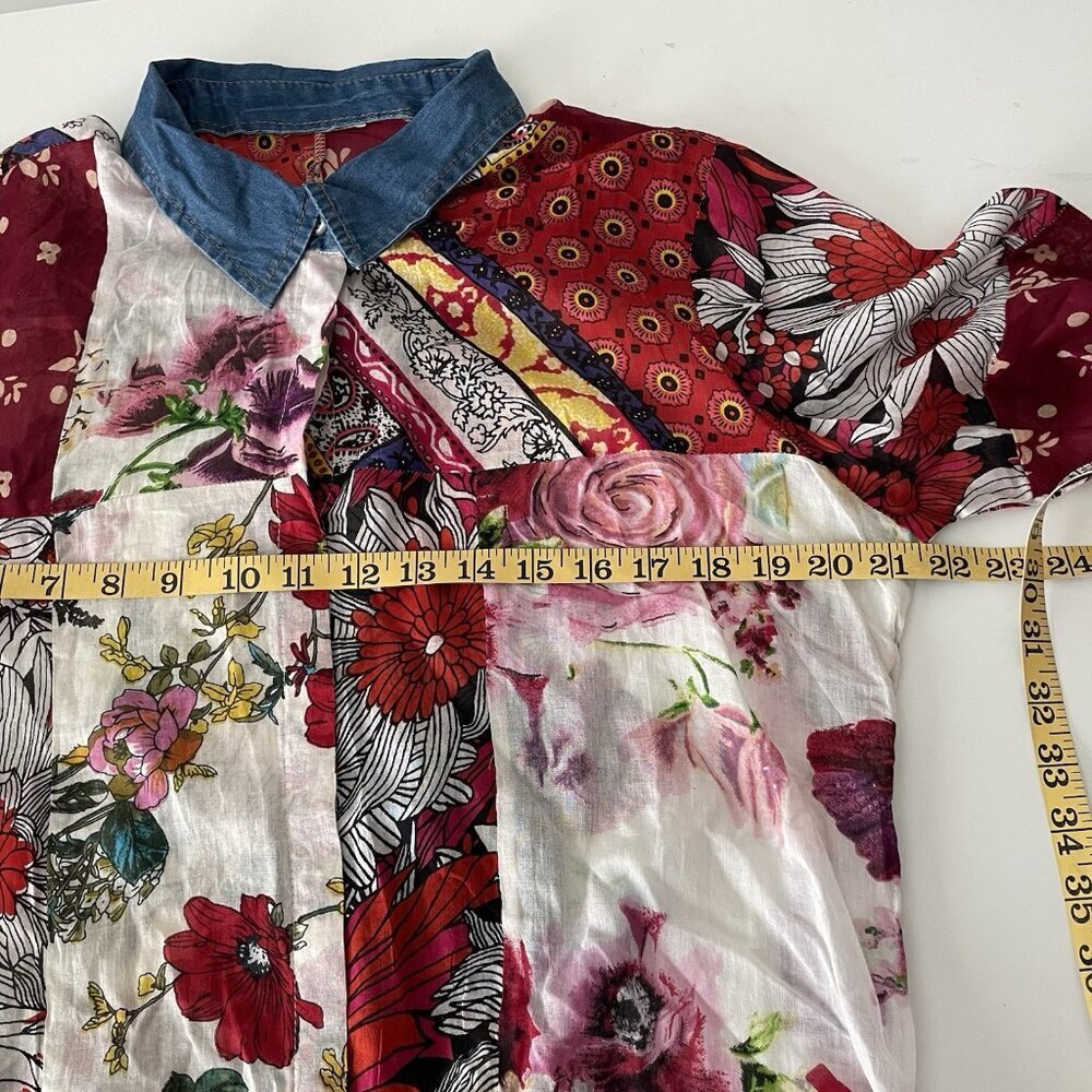 VINTAGE GOA FLORAL PATCHWORK SEMI SHEER COTTON BUTTON UP ROLL TAB TOP Medium - Picture 5 of 11
